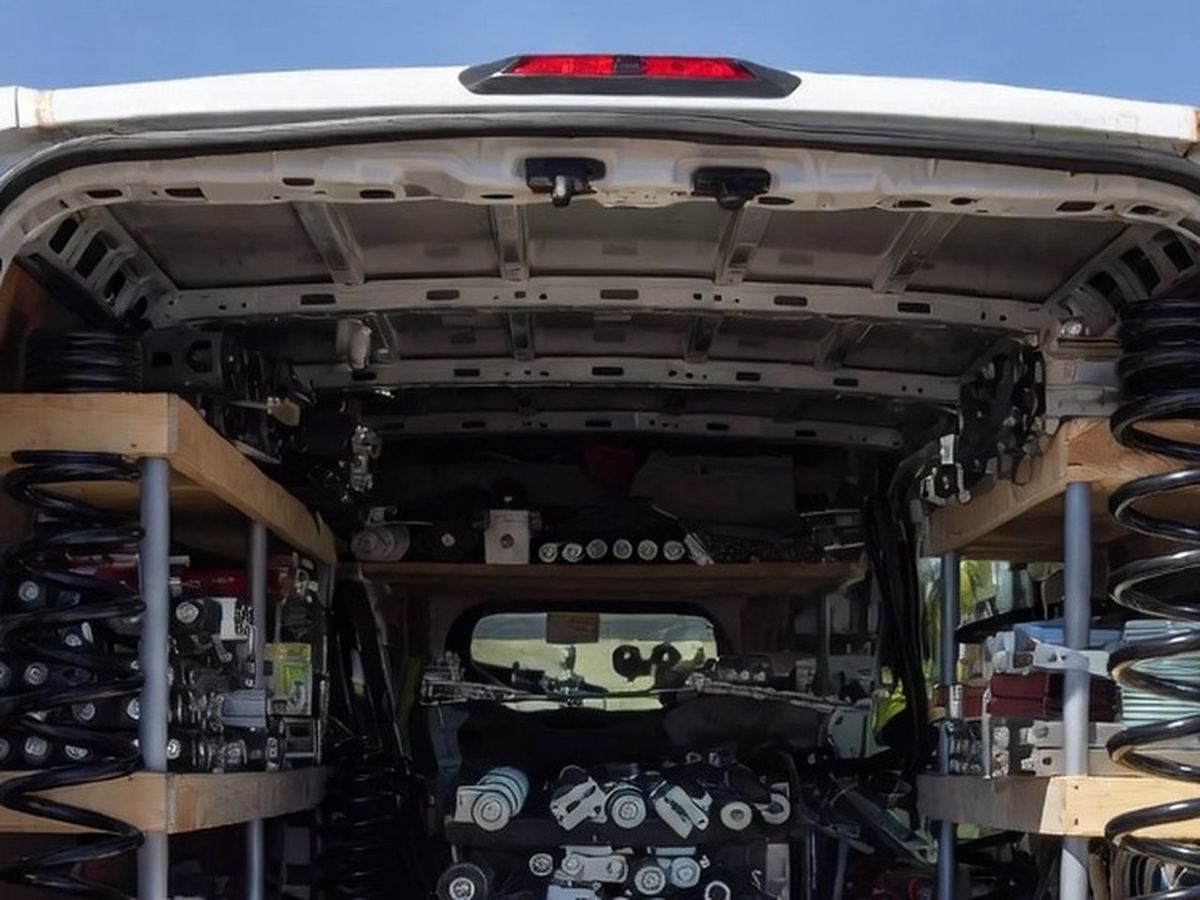 Service van shelves stocked with garage door springs, openers and parts
